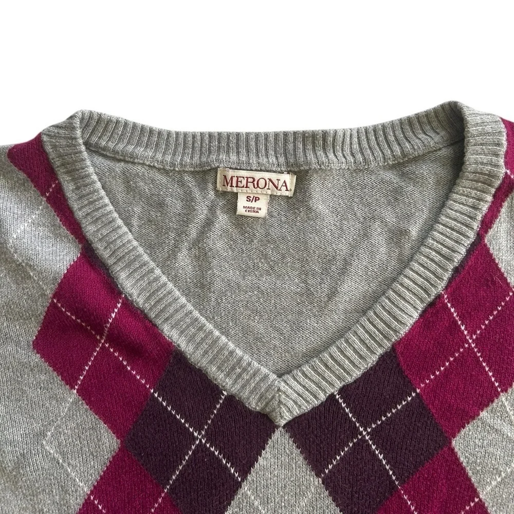 Argyle Plaid Burgundy Grey Preppy Cotton Long Sleeve Sweater Size Small